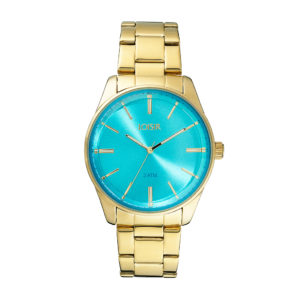blauw dameshorloge en goudkleurige horlogeband